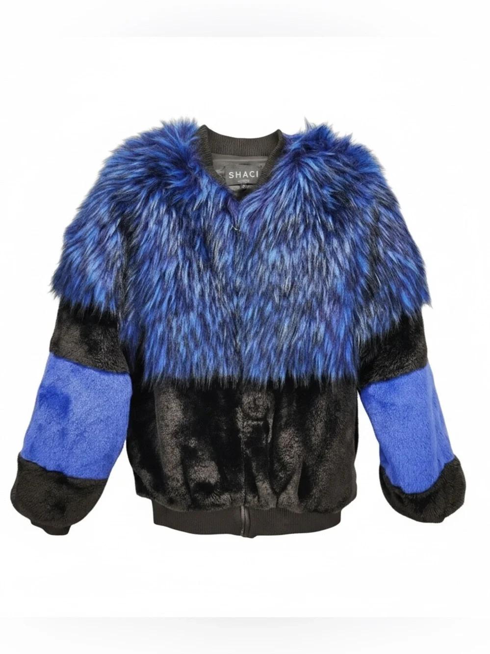 Shaci Blue Women's Size Medium Blue Black Faux Fur Monster‎ Bomber Jacket